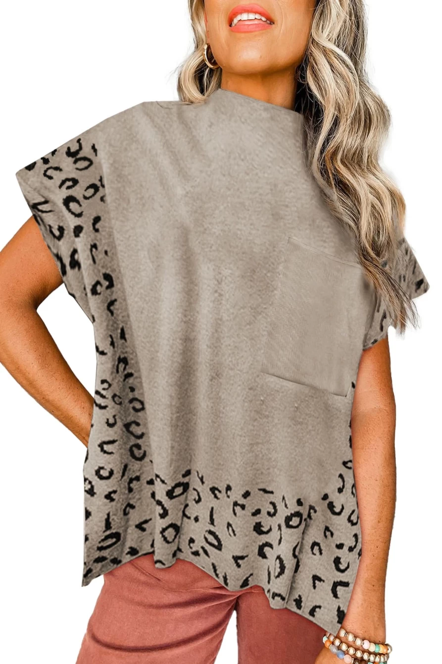 Women's Leopard Print Spliced Side Slit Smoke Gray Sweater - Shewin Short Sleeve Knit Top