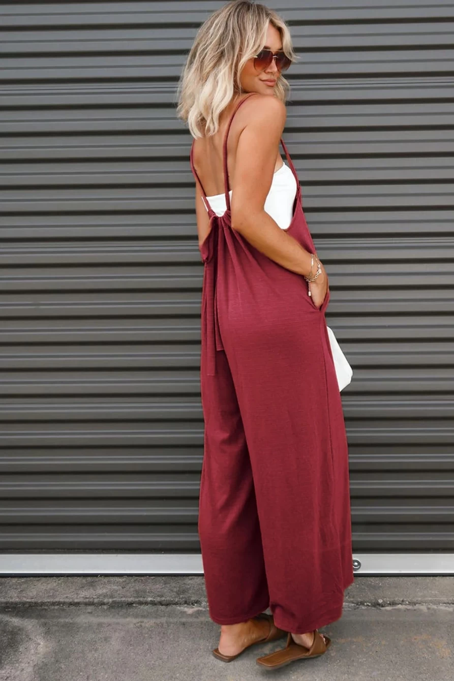 Shewin Women's Red Casual Spaghetti Strap Backless Wide Leg Jumpsuit - Sexy Summer Romper