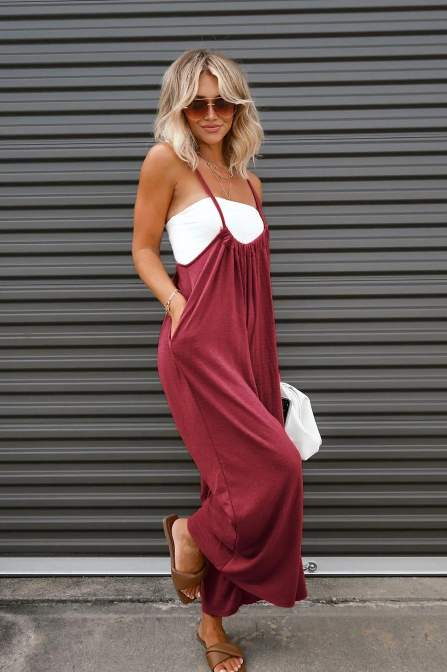 Shewin Women's Red Casual Spaghetti Strap Backless Wide Leg Jumpsuit - Sexy Summer Romper