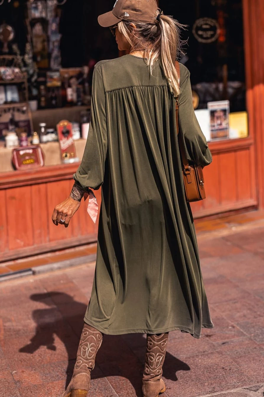 Women's Lightweight Green Long Sleeve Open Front Duster Cardigan by Shewin