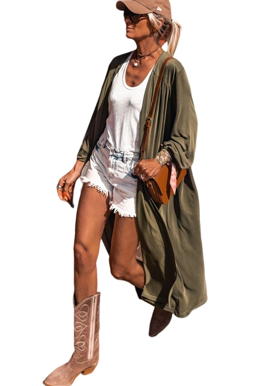 Women's Lightweight Green Long Sleeve Open Front Duster Cardigan by Shewin