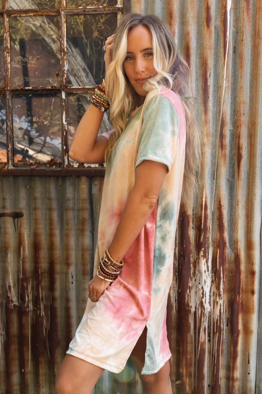 Shewin Women's Multicolor Tie-Dye Casual Short Sleeve T-Shirt Dress