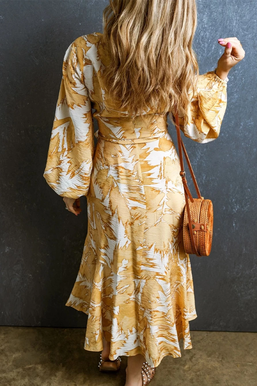 Shewin Women's Yellow Long Sleeve Boho Wrap Dress with Flounce Hem
