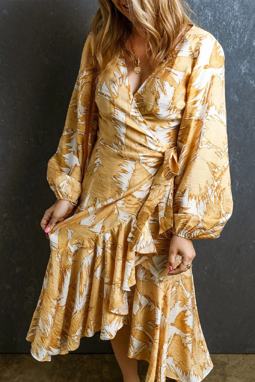 Shewin Women's Yellow Long Sleeve Boho Wrap Dress with Flounce Hem