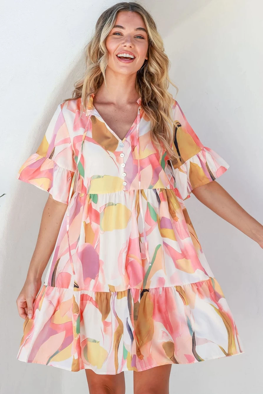 Shewin Women's Pink Geometric Print Ruffled V-Neck Tie Detail Short Sleeve Dress