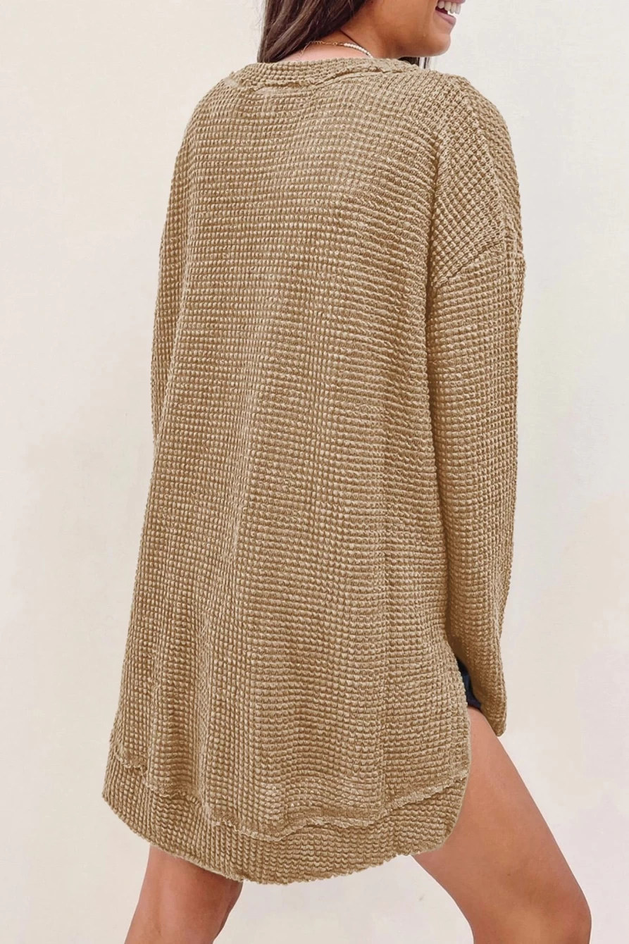 Shewin Women's Oversized Plain Waffle Knit Top with Drop Sleeves & Side Slits in Khaki