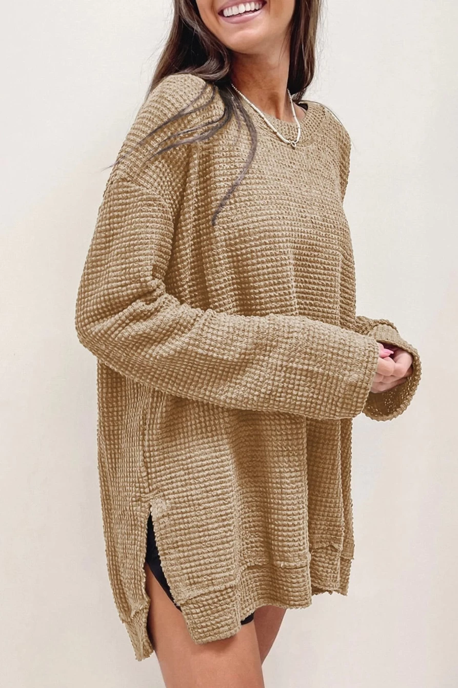 Shewin Women's Oversized Plain Waffle Knit Top with Drop Sleeves & Side Slits in Khaki