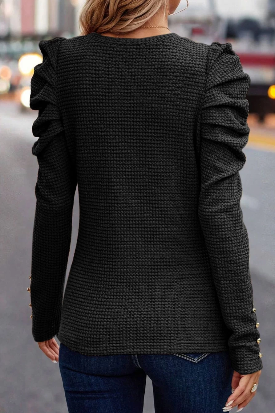 Shewin Women's Black Solid Color Textured Ruched Long Sleeve Tops
