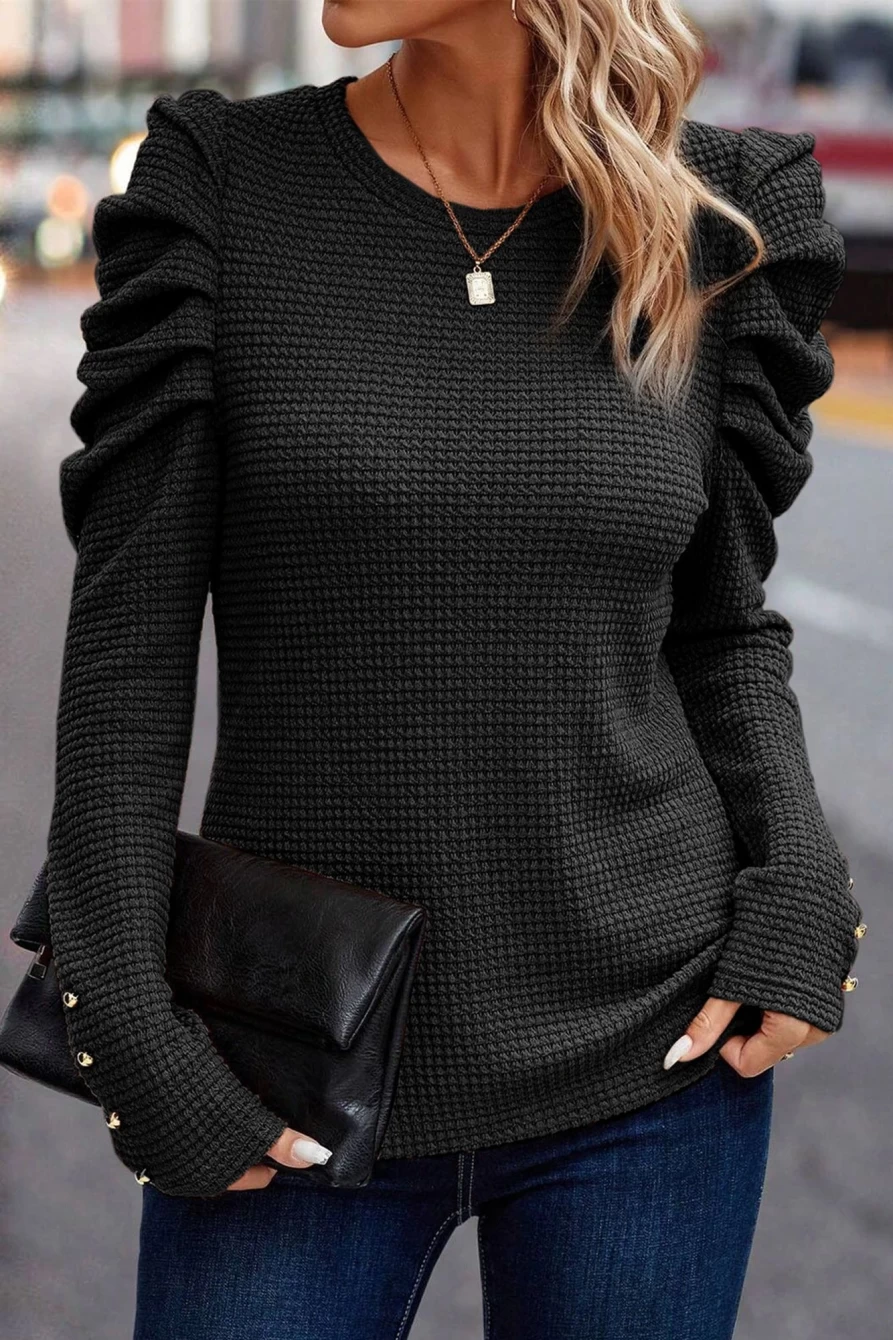Shewin Women's Black Solid Color Textured Ruched Long Sleeve Tops