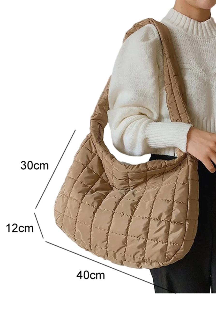 "Shewin Light French Beige Quilted Large Shoulder Bag for Women with Zipper"