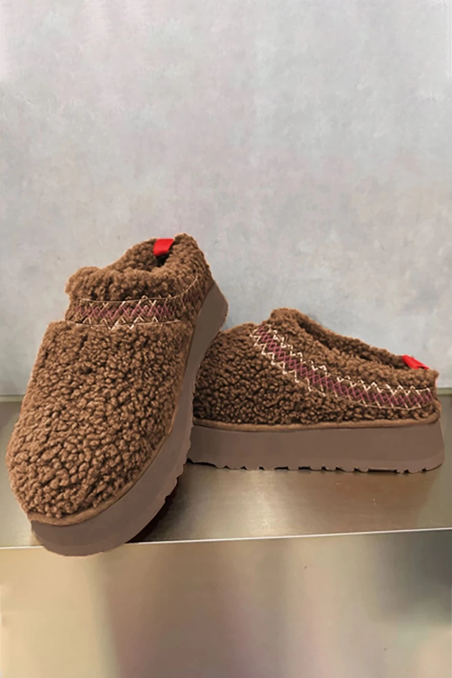 Shewin Women's Chestnut Suede Snow Boots with Plush Lining & Contrast Print - Thick Sole Winter Boots