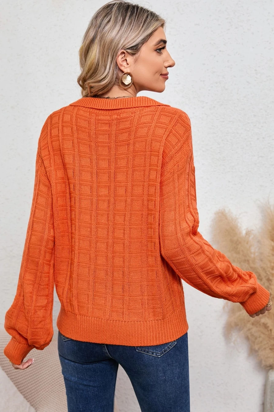 Shewin Women's Orange V-Neck Waffle Knit Polo Collar Casual Sweater