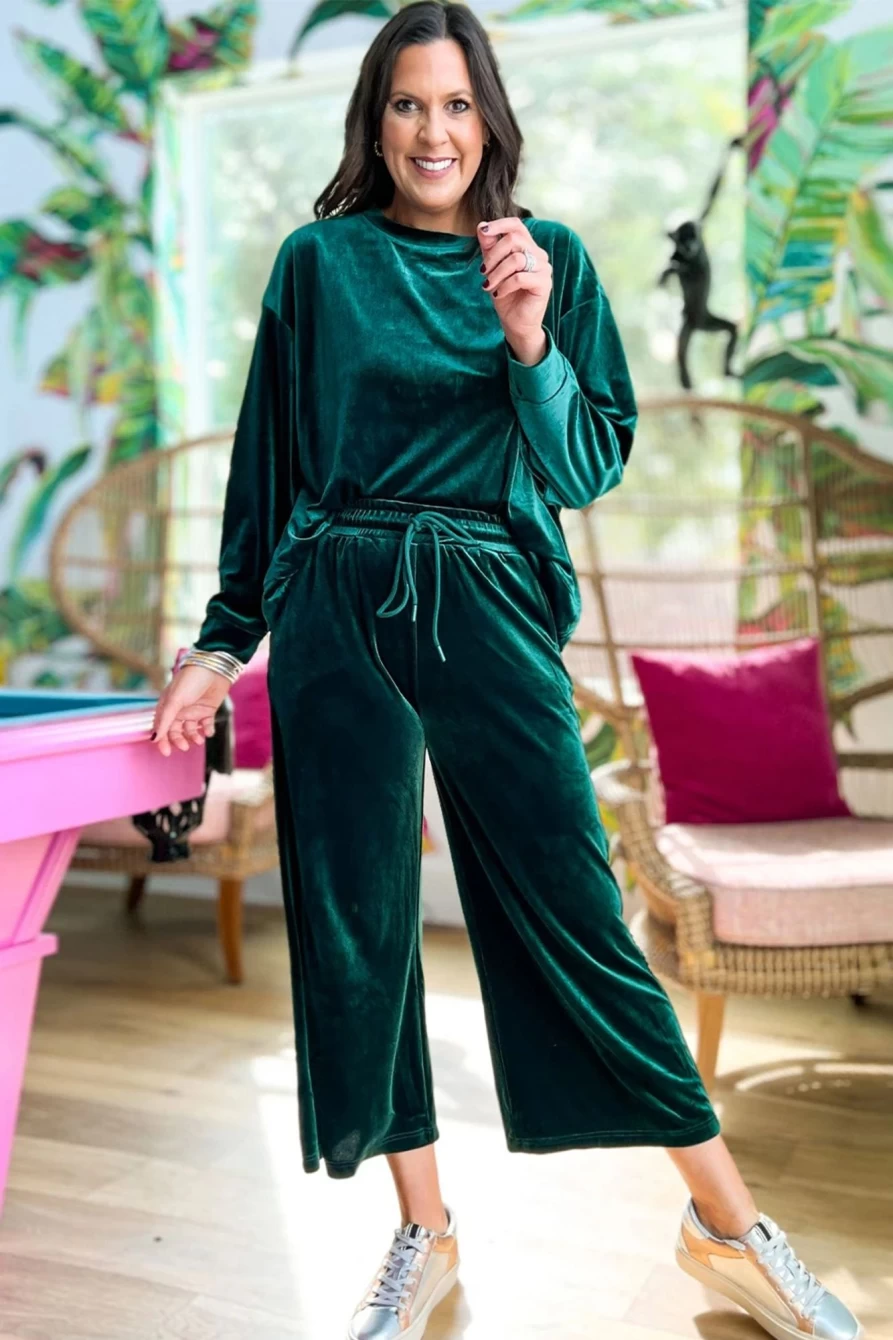 Shewin Women's Velvet Long Sleeve Top & Wide Leg Pants Set in Blackish Green