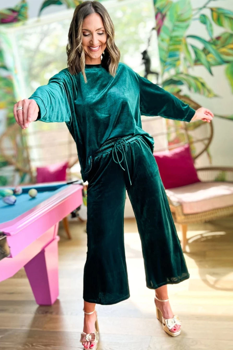 Shewin Women's Velvet Long Sleeve Top & Wide Leg Pants Set in Blackish Green