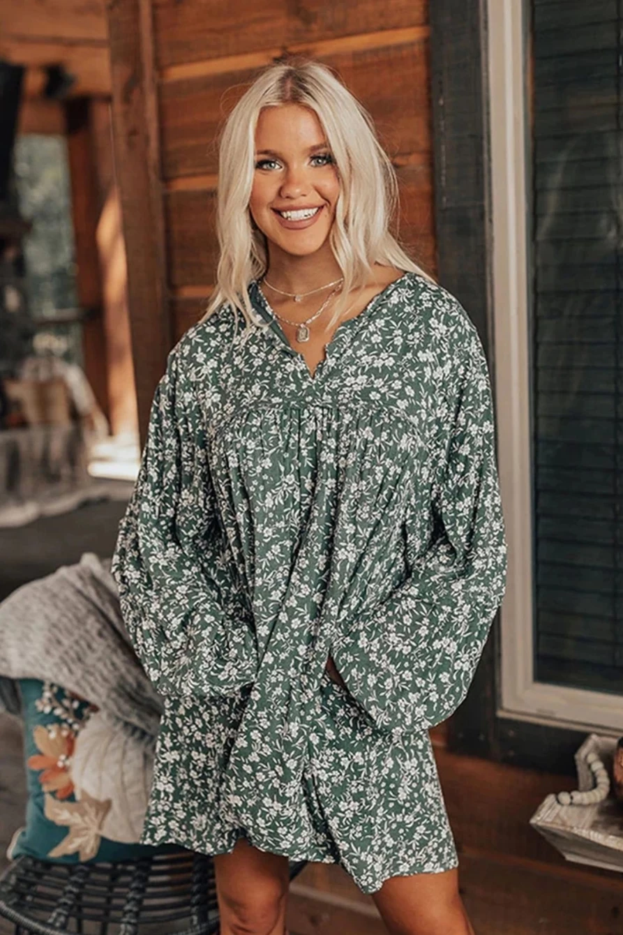 Shewin Women's Green Boho Floral Print Long Sleeve Dress with Notch Neck