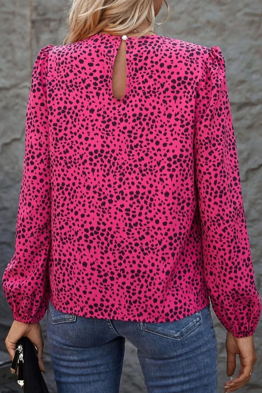 Shewin Women's Rose Leopard Print Long Sleeve Pleated Blouse Top