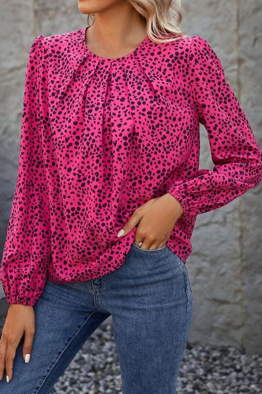 Shewin Women's Rose Leopard Print Long Sleeve Pleated Blouse Top