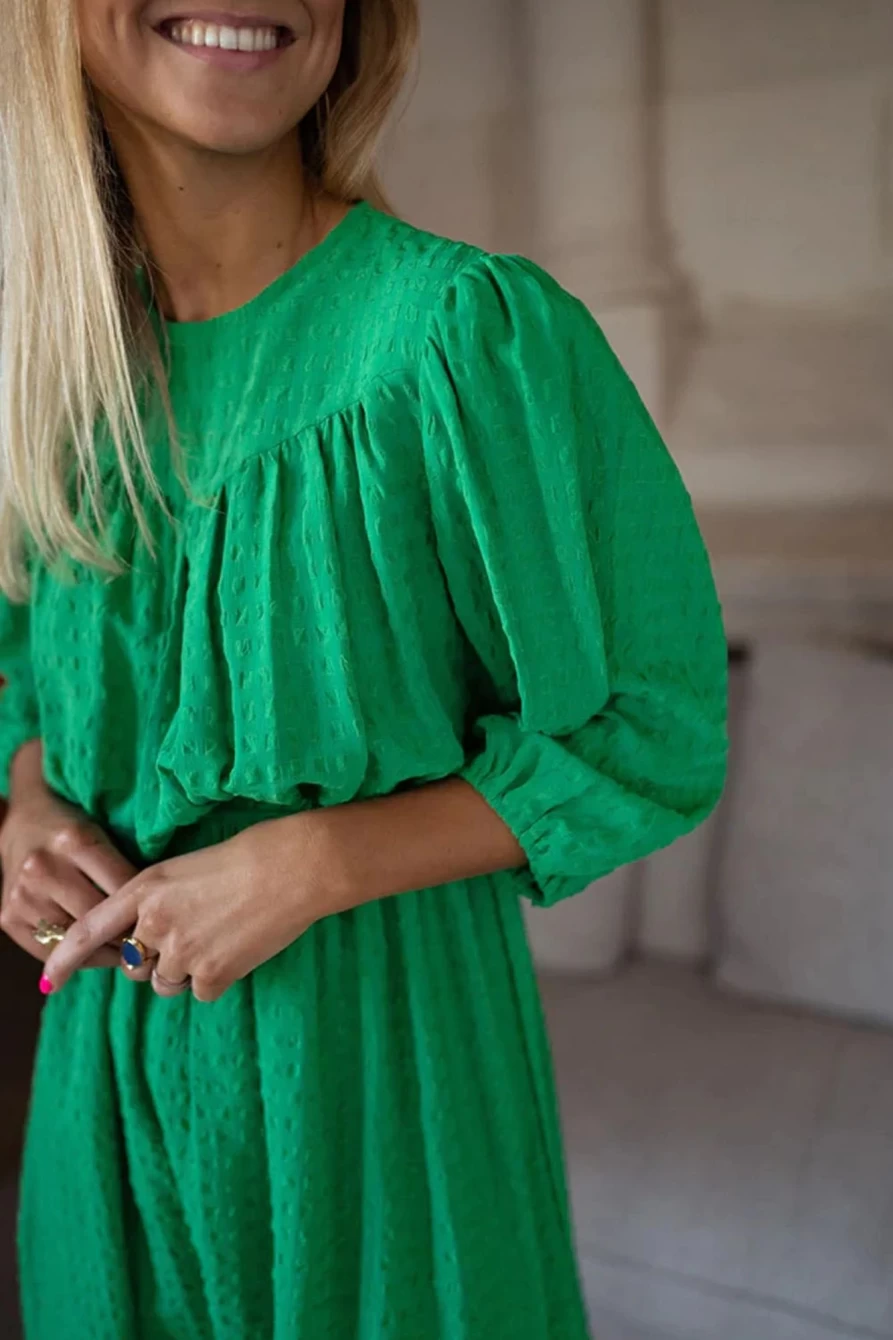 Shewin Women's Dark Green Solid Color Mini Dress with Puff Sleeves and Round Neck