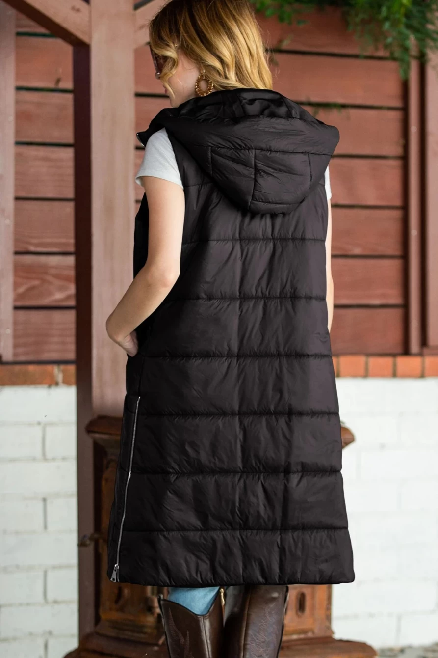 Shewin Women's Black Hooded Quilted Long Vest Coat with Pockets