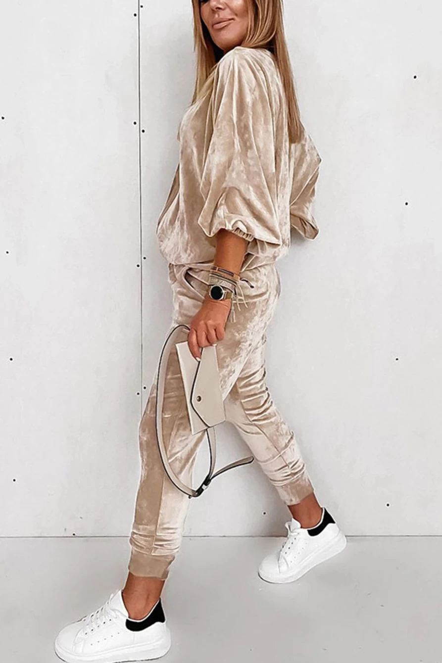 Shewin Women's Velvet Lantern Sleeve Zipped Top & Joggers Pants Set in Parchment