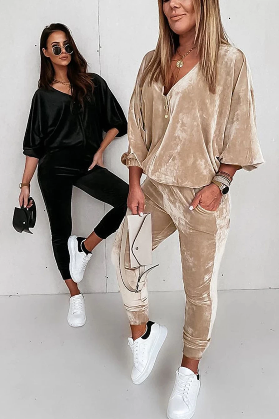 Shewin Women's Velvet Lantern Sleeve Zipped Top & Joggers Pants Set in Parchment
