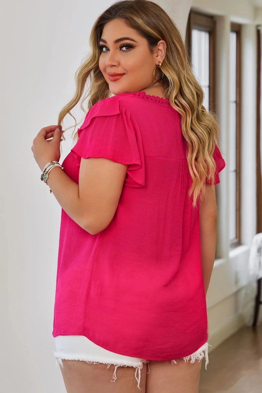 Shewin Women's Rose Boho Plain Top with Ruffle Sleeves & Button Detail - Plus Size Blouse