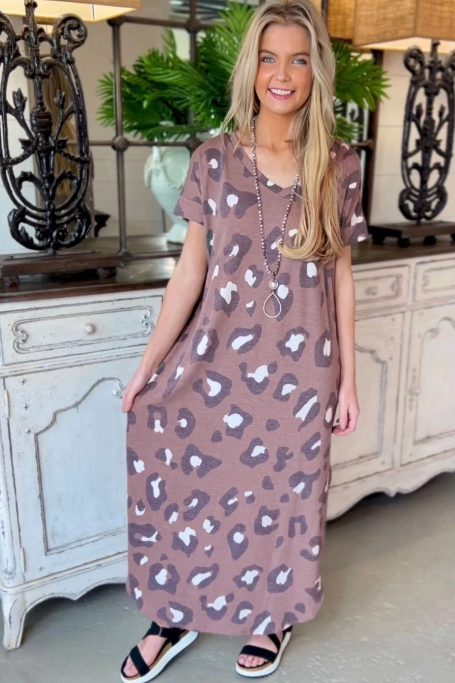 Shewin Women's Leopard Print V-Neck Long T-Shirt Dress