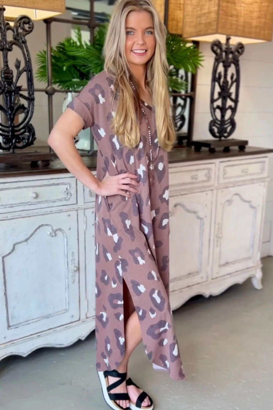 Shewin Women's Leopard Print V-Neck Long T-Shirt Dress