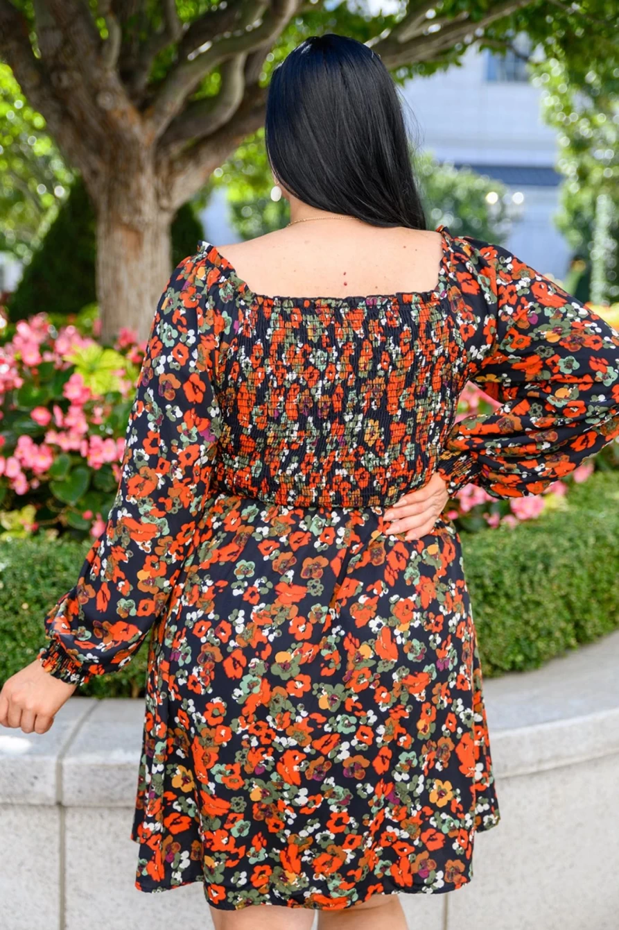 Shewin Women's Plus Size Floral Smocked Long Sleeve Dress - Multicolor Boho Chic Maxi Dress