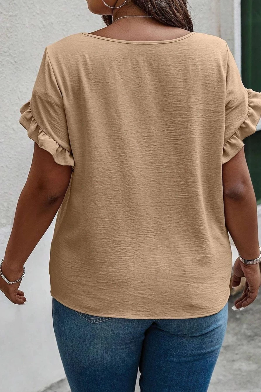 Shewin Women's Light French Beige Ruffled Short Sleeve Plus Size Blouse