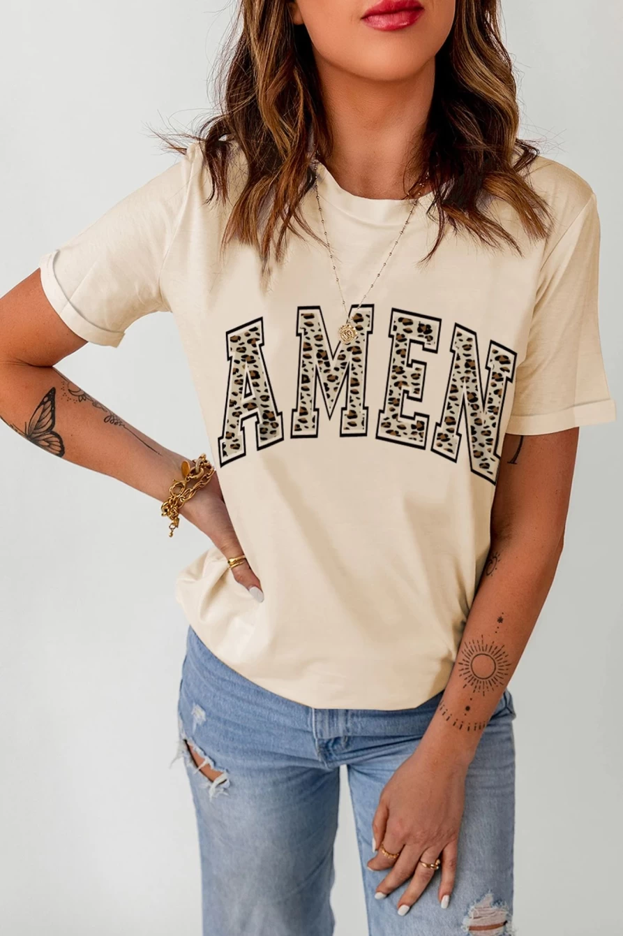 Shewin Women's Khaki Leopard Print Casual Graphic T-Shirt