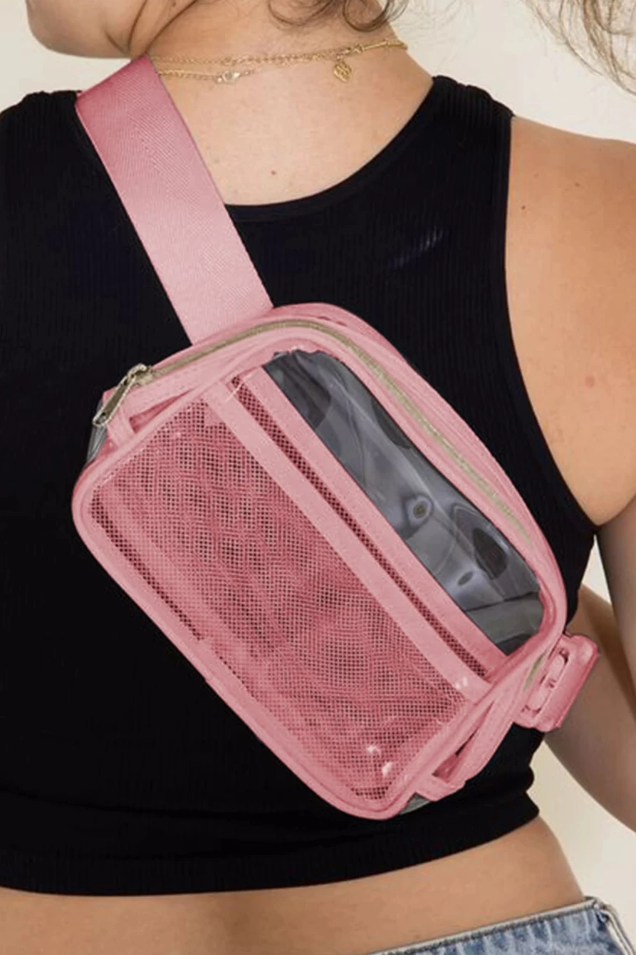 "Shewin Women's Adjustable Straps Clear Waist Bag in Apricot Powder with Zipper Closure"
