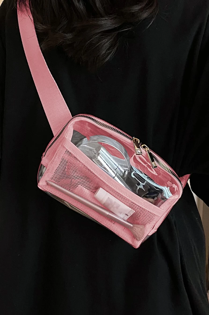 "Shewin Women's Adjustable Straps Clear Waist Bag in Apricot Powder with Zipper Closure"