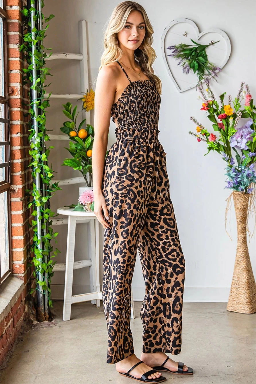 Shewin Women's Leopard Print Sexy Halter Backless Wide Leg Jumpsuit