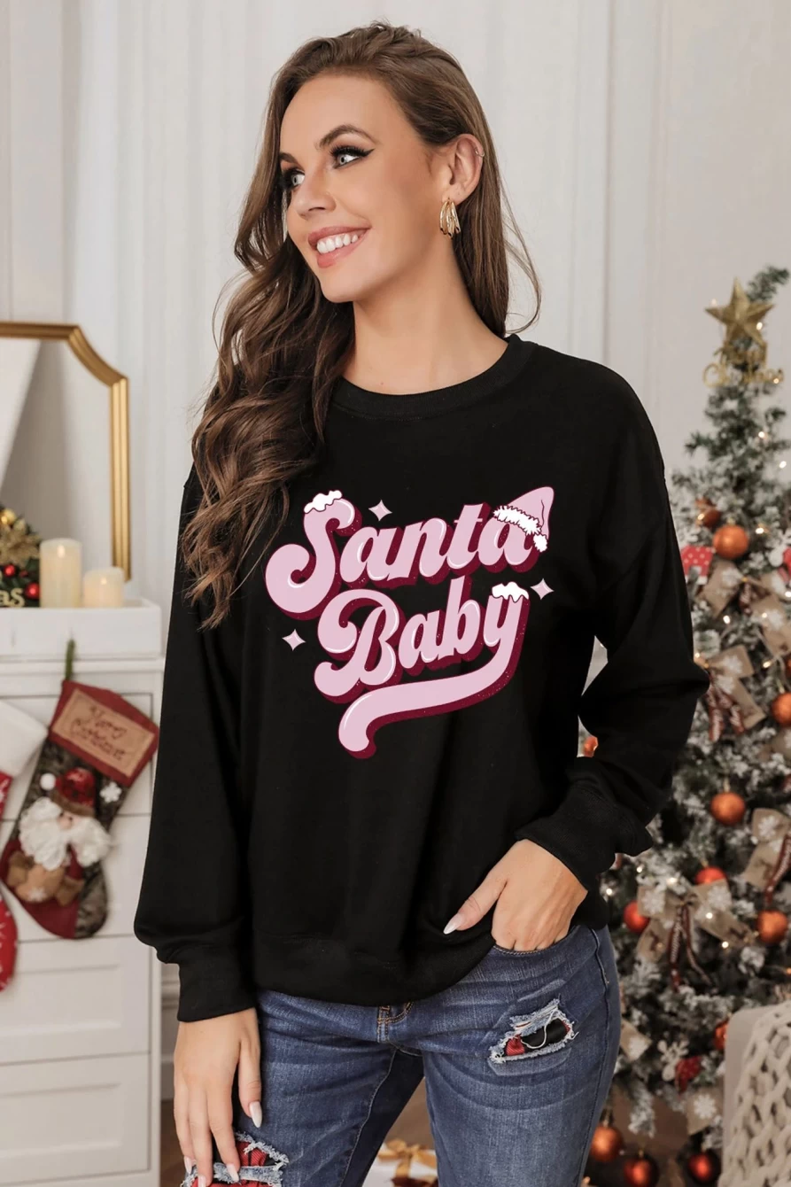 Shewin Women's Black Santa Baby Graphic Pullover Sweatshirt - Festive Holiday Sweater