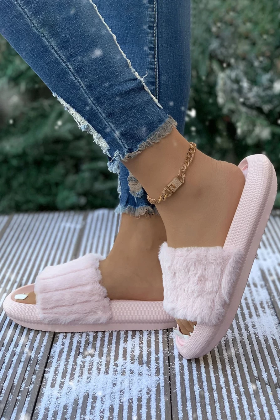 Shewin Women's Pink Plush Band Open-Toe Comfort Slippers