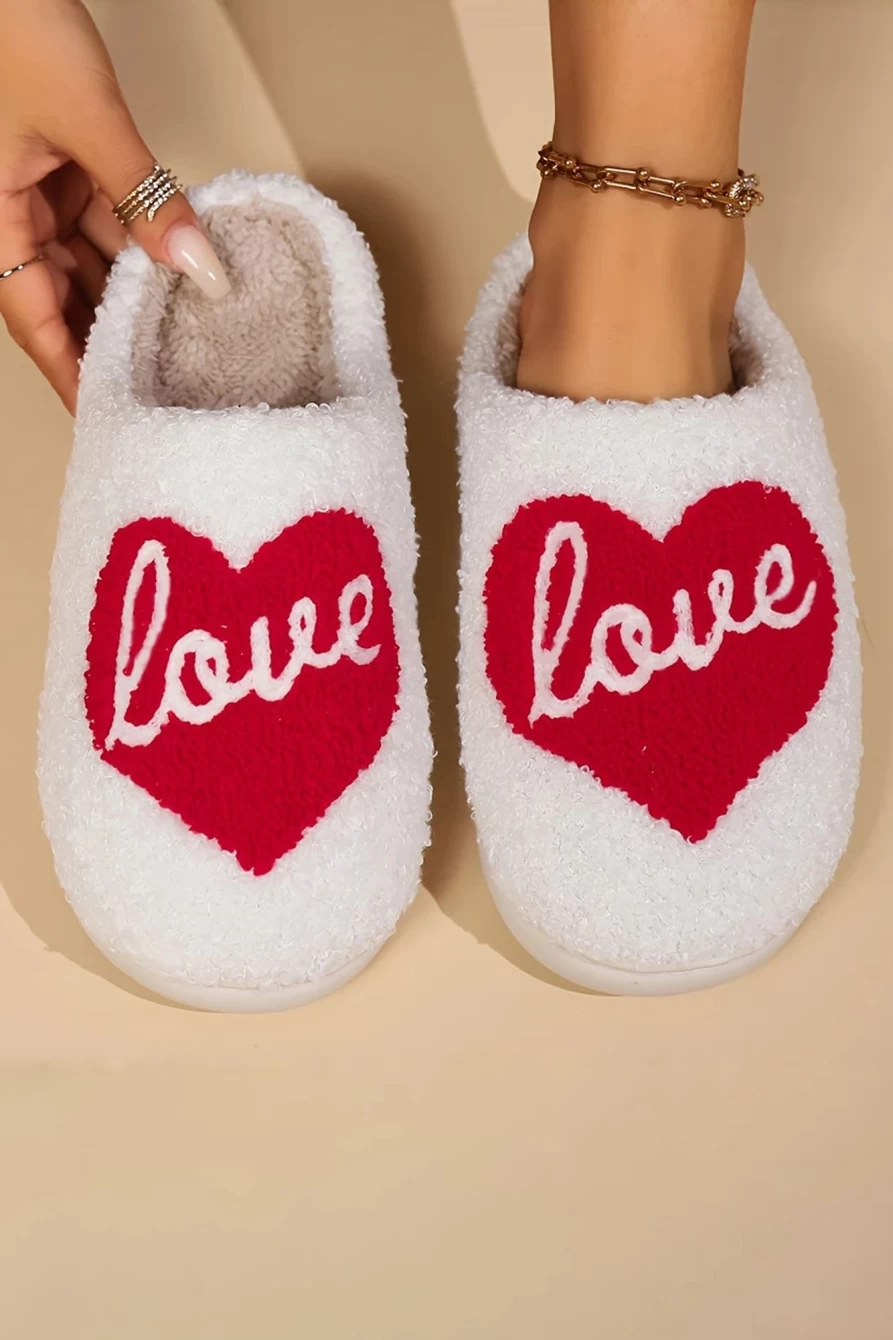 Shewin Women's Fiery Red Fuzzy Slippers - Valentine Love Heart Pattern Home Shoes