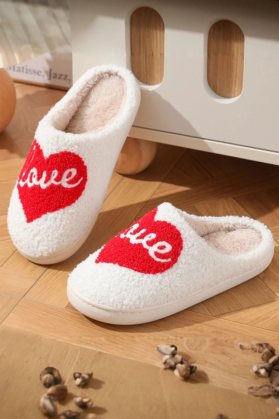 Shewin Women's Fiery Red Fuzzy Slippers - Valentine Love Heart Pattern Home Shoes