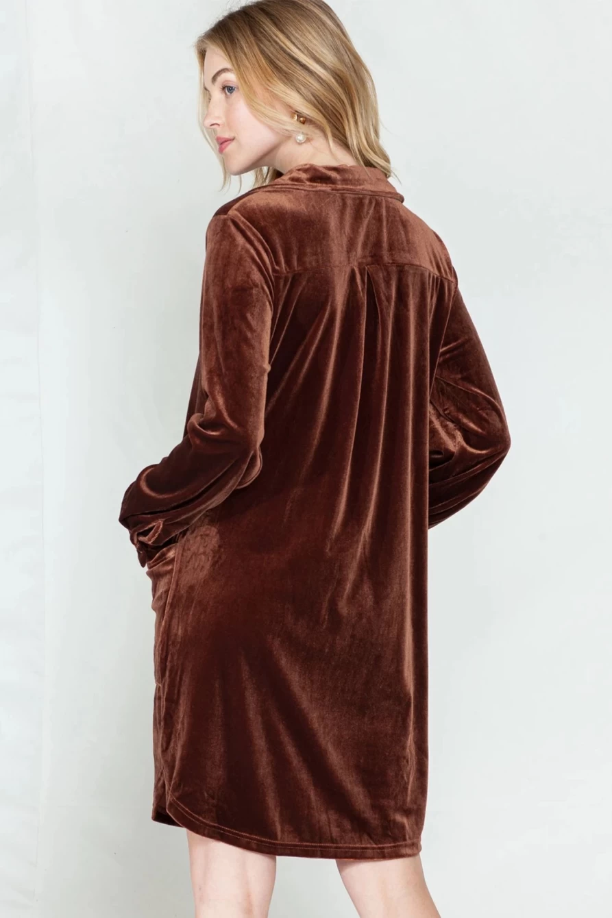 Shewin Women's Coffee Velvet Roll Tab Sleeve Collared V-Neck Dress