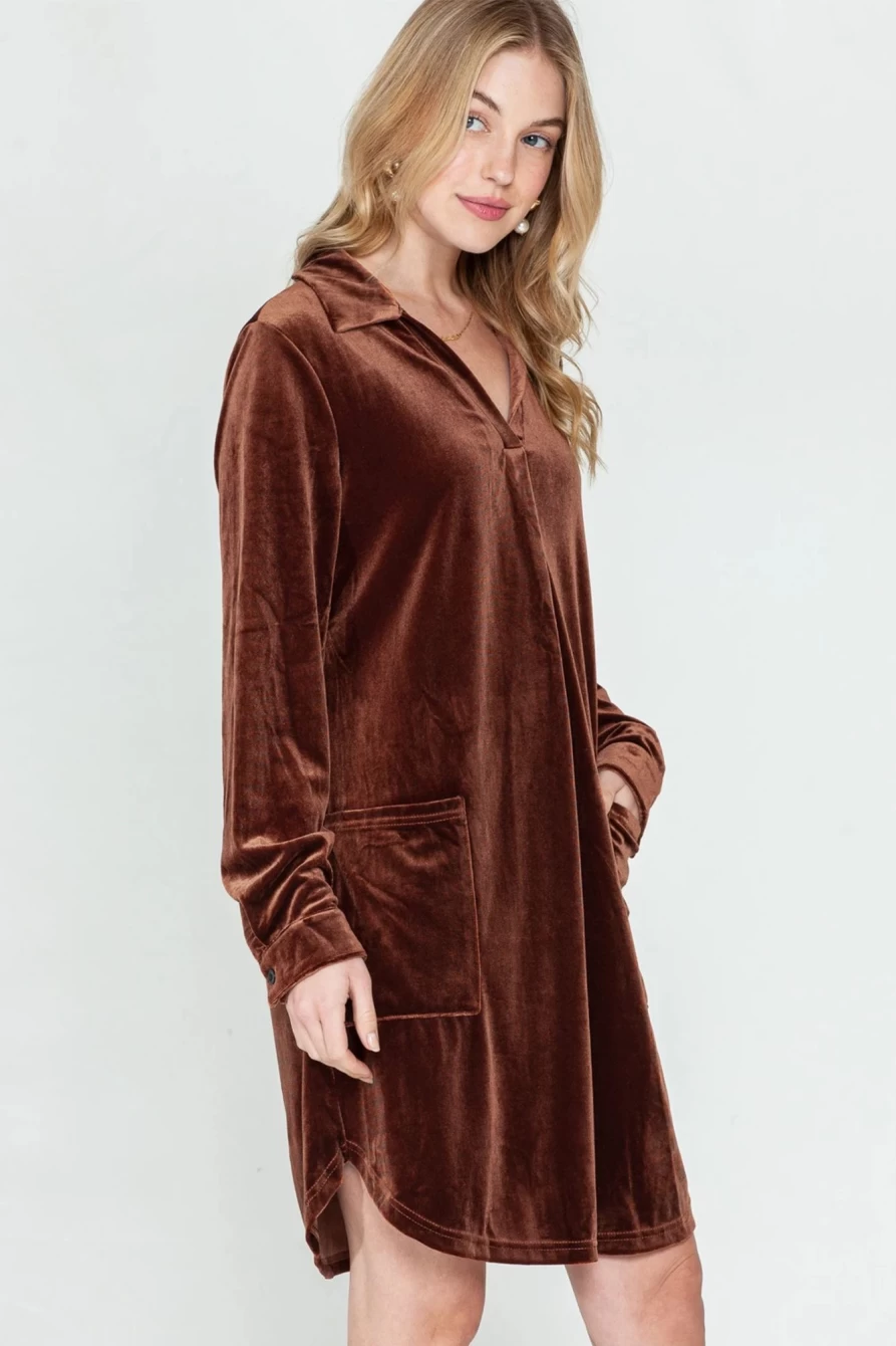 Shewin Women's Coffee Velvet Roll Tab Sleeve Collared V-Neck Dress
