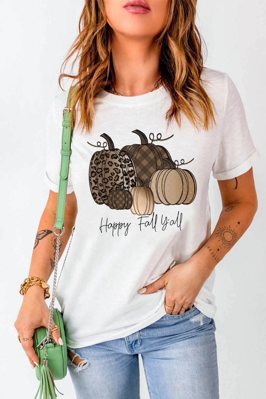 Women's White Casual Fall Pumpkin Graphic Tee - Shewin Happy Autumn Printed T-Shirt