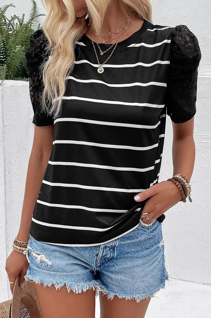 Shewin Women's Black Stripe Lace Sleeve Patchwork Round Neck T-Shirt