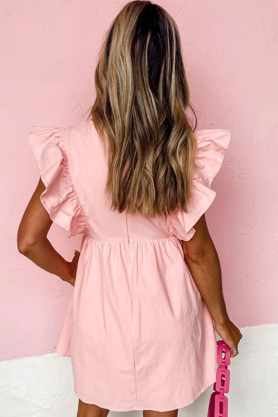 Shewin Women's Pink Ruffle Short Sleeve V-Neck Pocket Babydoll Dress