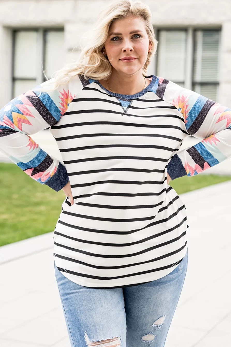 Shewin Women's White Striped Geometric Print Long Sleeve Plus Size Top