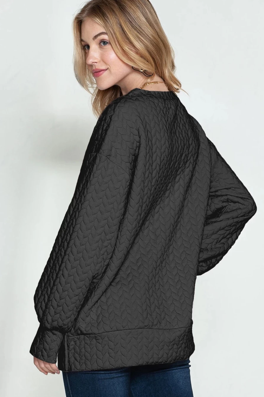 Shewin Women's Black Quilted Drop Shoulder Sweatshirt with Snap Button Details