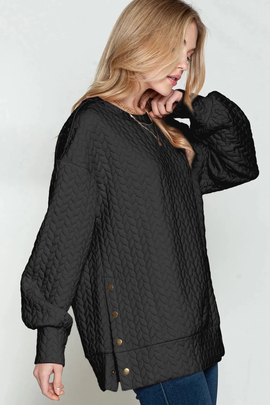 Shewin Women's Black Quilted Drop Shoulder Sweatshirt with Snap Button Details