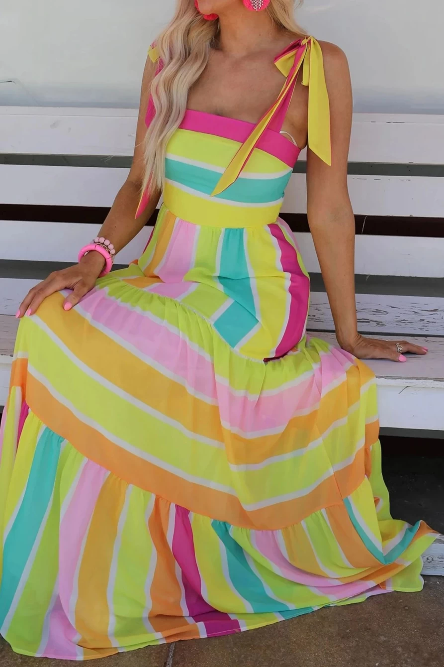 Shewin Women's Yellow Striped Maxi Dress with Bow Knot Straps - Sleeveless Summer Beach Dress