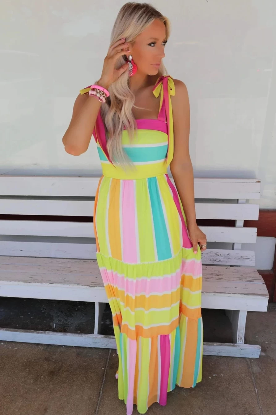 Shewin Women's Yellow Striped Maxi Dress with Bow Knot Straps - Sleeveless Summer Beach Dress