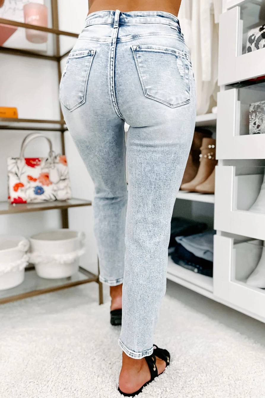 Shewin Women's Sky Blue Vintage Washed Destroyed Skinny Jeans - Heavy Distressed Denim