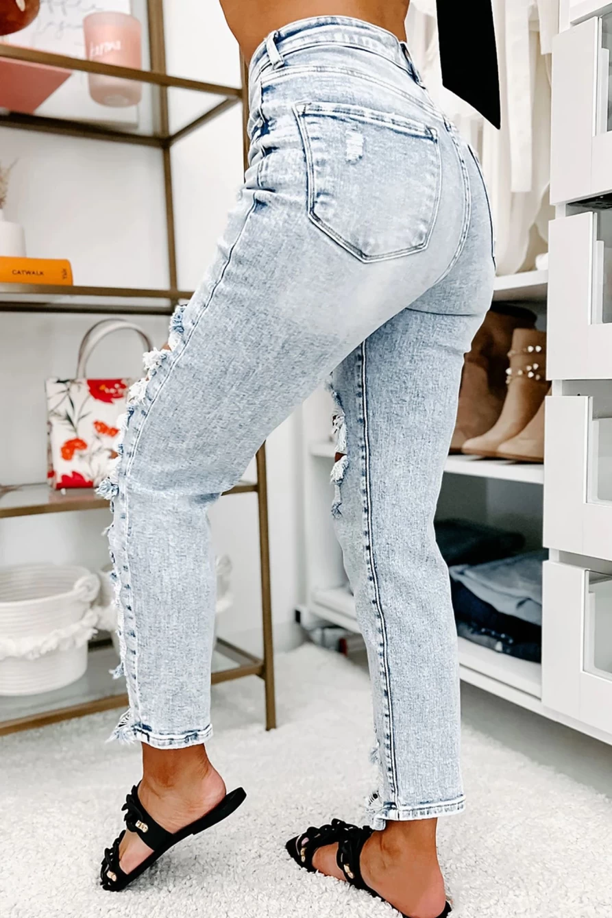 Shewin Women's Sky Blue Vintage Washed Destroyed Skinny Jeans - Heavy Distressed Denim